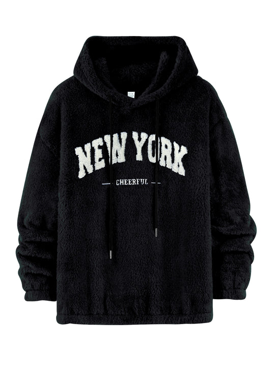 Unisex nan kuscheliger Plüsch-Hoodie mit Chenille-Logo, Kapuze und elastischem Saum R&B