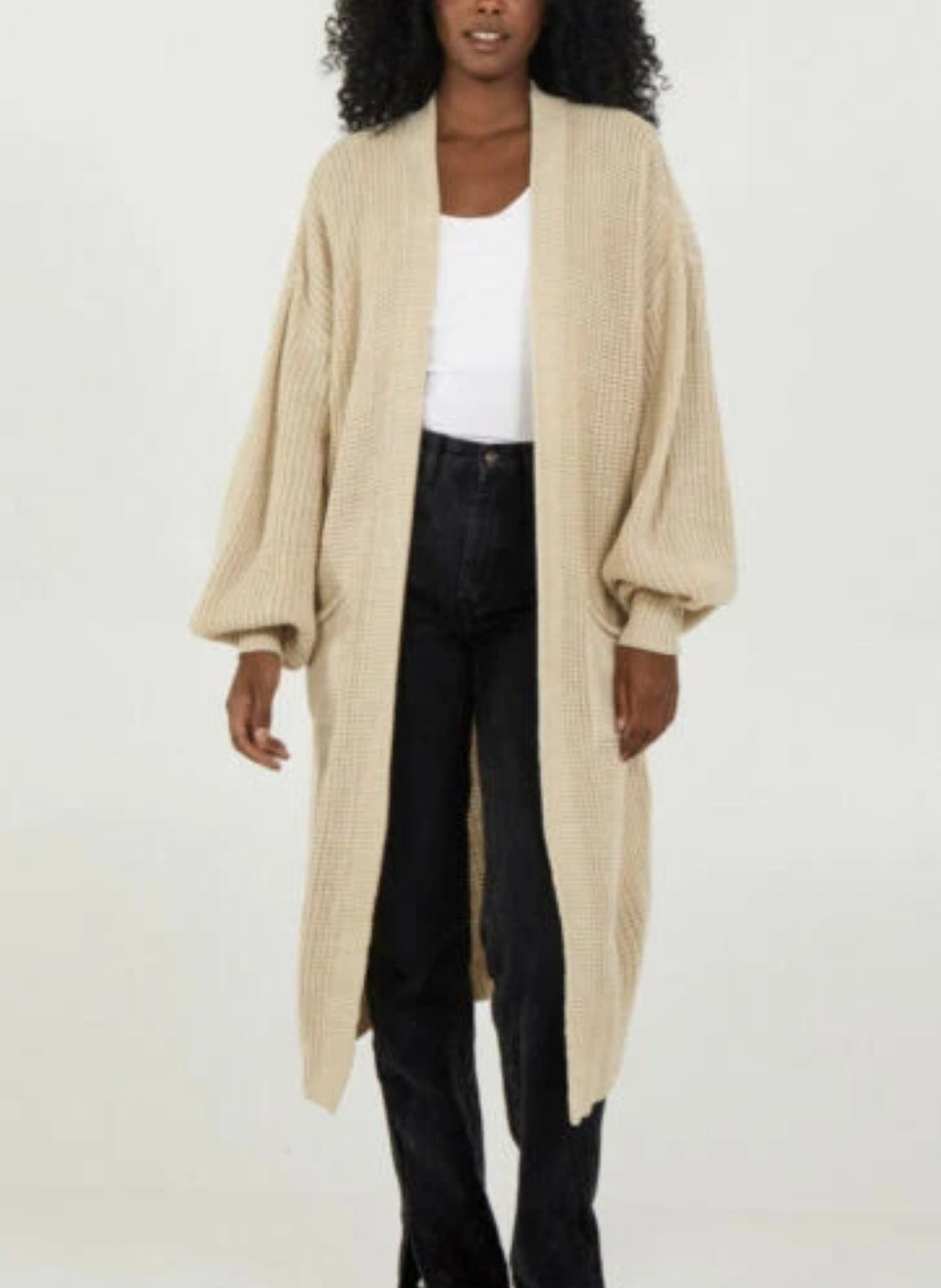 Damen Langer Strickcardigan mit voluminösen Ärmeln und offenem Schnitt R&B