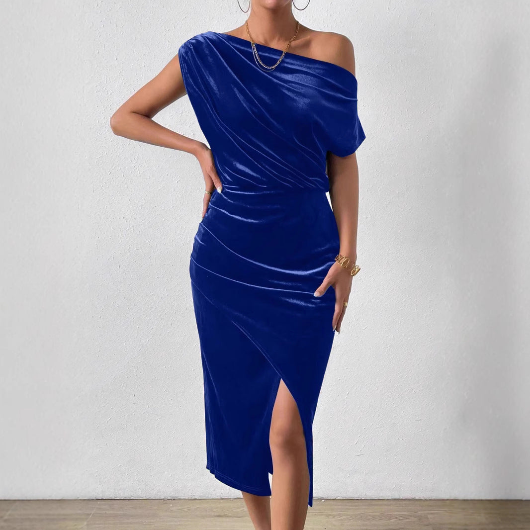 Damen Elegantes Schulterfreies Midikleid im Fließenden Design R&B