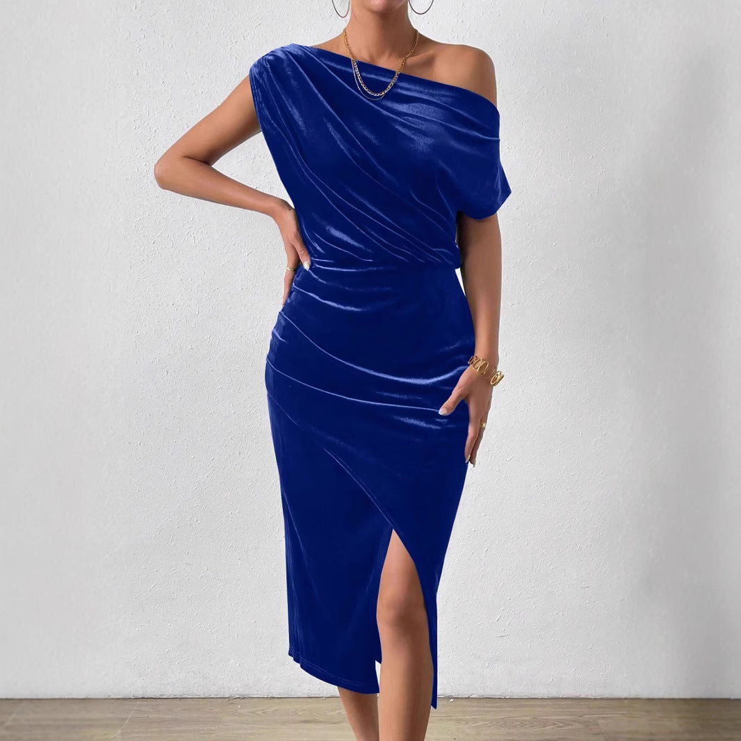 Damen Elegantes Schulterfreies Midikleid im Fließenden Design R&B