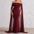 Damen Elegantes Off-Shoulder Abendkleid mit fließendem Transparenz-Cape und figurumspielendem Schnitt R&B