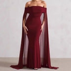 Damen Elegantes Off-Shoulder Abendkleid mit fließendem Transparenz-Cape und figurumspielendem Schnitt R&B