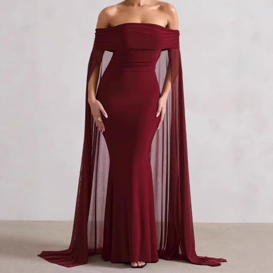 Damen Elegantes Off-Shoulder Abendkleid mit fließendem Transparenz-Cape und figurumspielendem Schnitt R&B
