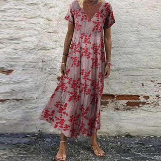 Damen nan V-Ausschnitt-Maxikleid mit feinem Faltenrock, Empire-Passe und Kurzarm R&B