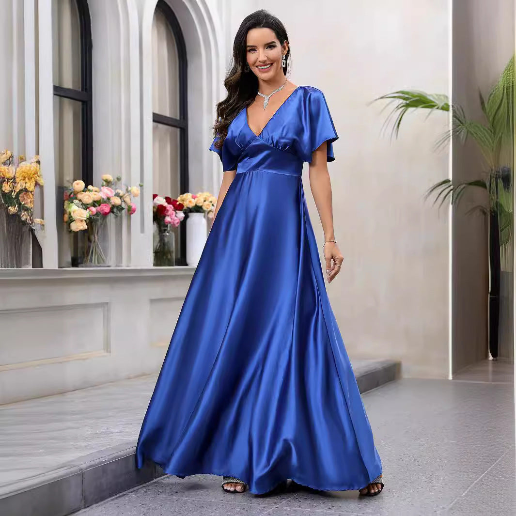 Damen Maxikleid mit fließendem Satin und luftigen Ärmeln R&B