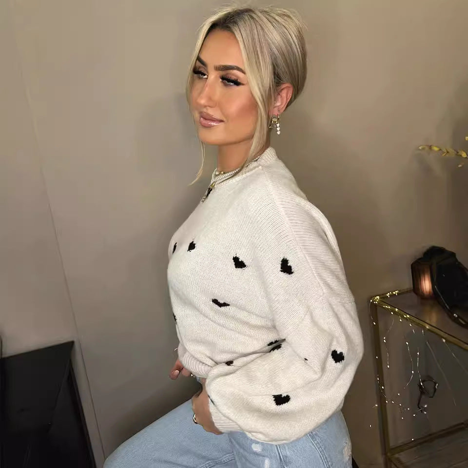 Damen lässiger Strickpullover mit herzförmigen Mustern und angeschnittenen Ärmeln R&B