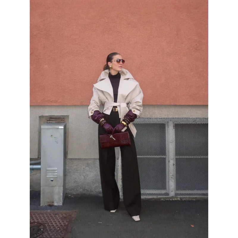 Damen modische Trenchjacke mit breitem Kragen und Taillengürtel R&B