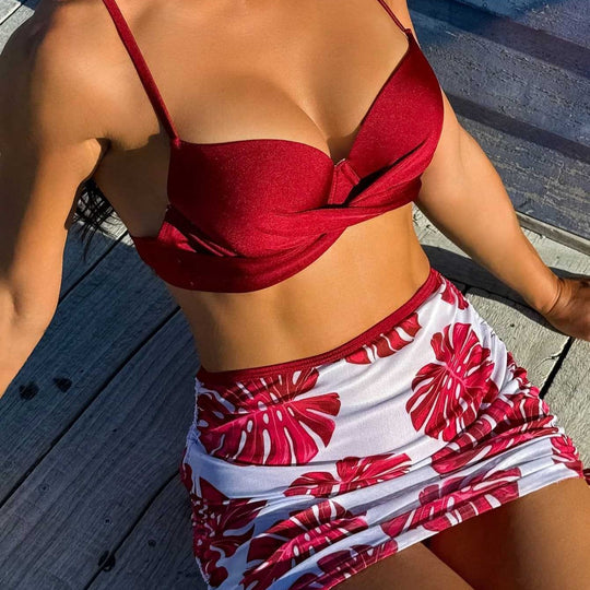 Damen Bikini-Set mit elegantem Knotendesign und floralem Rock R&B