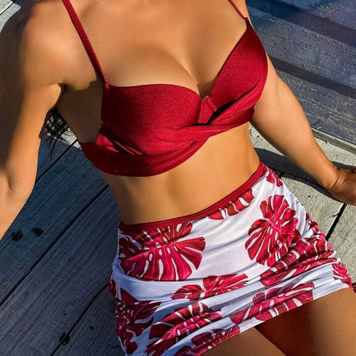 Damen Bikini-Set mit elegantem Knotendesign und floralem Rock R&B