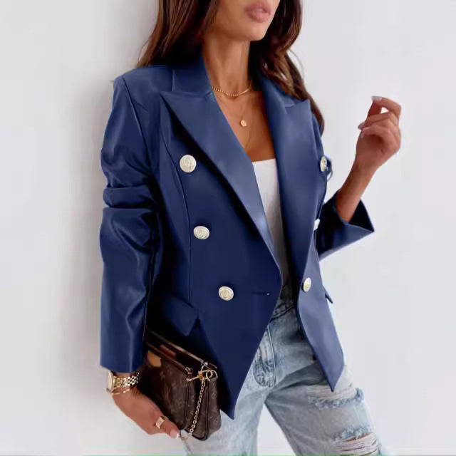 Damen eleganter Kunstleder Blazer mit doppelter Knopfleiste R&B