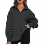 Damen nan Oversized Sweatshirt mit Kurzreißverschluss, Stehkragen und Kängurutasche R&B
