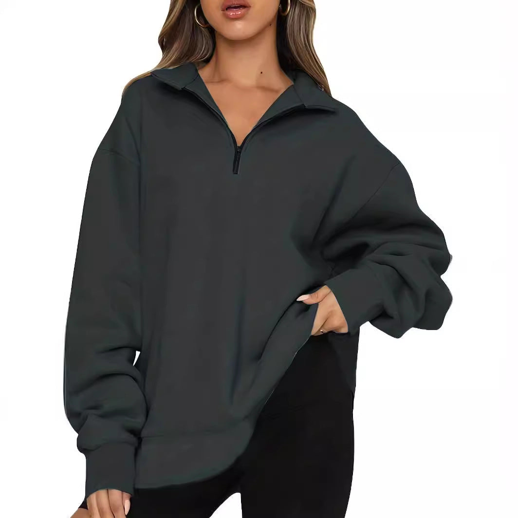 Damen nan Oversized Sweatshirt mit Kurzreißverschluss, Stehkragen und Kängurutasche R&B