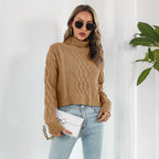 Damen Grobstrickpullover mit hohem Rollkragen und romantischem Zopfmuster R&B