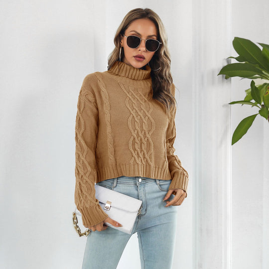 Damen Grobstrickpullover mit hohem Rollkragen und romantischem Zopfmuster R&B