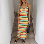 Damen Strick-Kleid im lässigen Streifenmuster mit schmalen Spaghetti-Trägern R&B