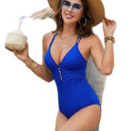 Damen eleganter Einteiler-Badeanzug mit tiefem V-Ausschnitt und funktionalen Knopfdetails R&B