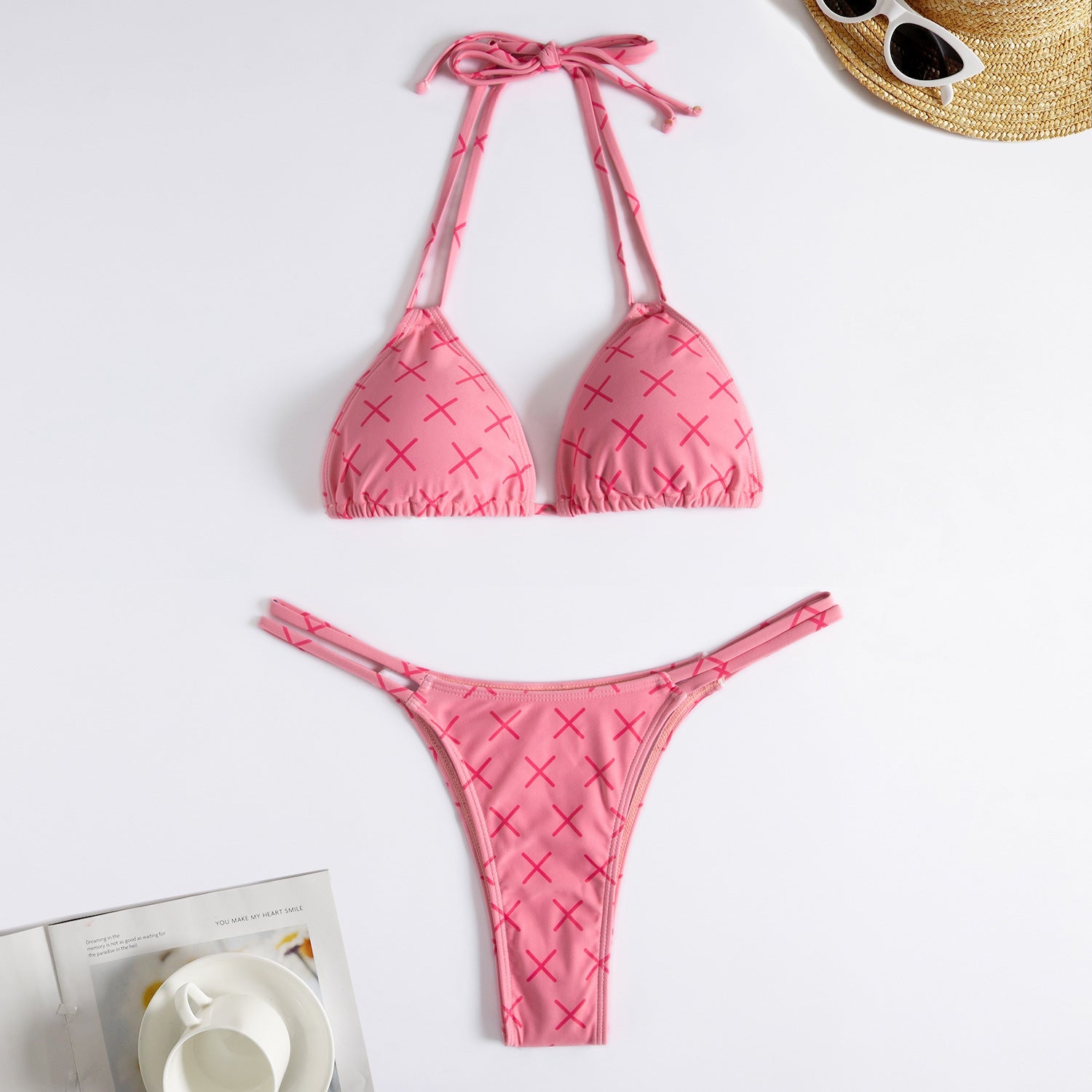 Damen Minimalistischer Triangel-Bikini mit Kreuz-Design R&B