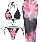 Damen Triangel-Bikini-Set mit floralen Mustern und transparentem Maxirock R&B