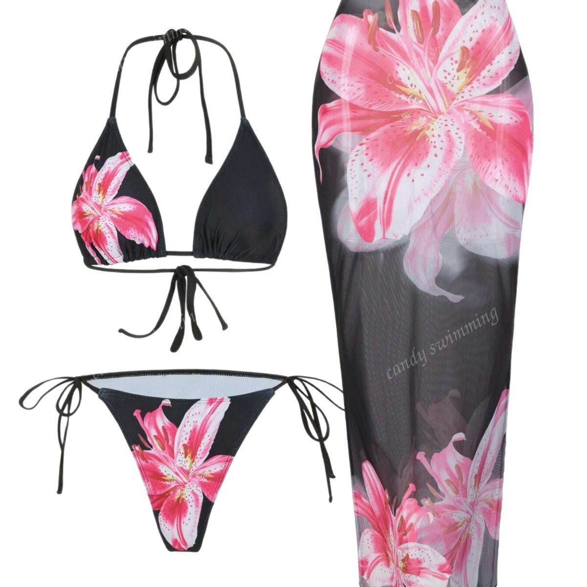 Damen Triangel-Bikini-Set mit floralen Mustern und transparentem Maxirock R&B