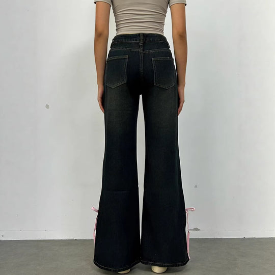 Damen Weite Jeans mit dekorativen Schnürdetails