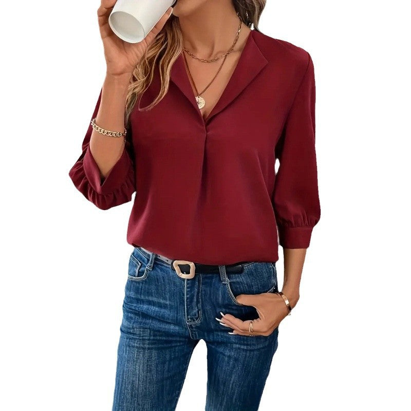 Damen Elegante ViskosR&Bluse mit 3/4-Ärmeln und V-Ausschnitt R&B