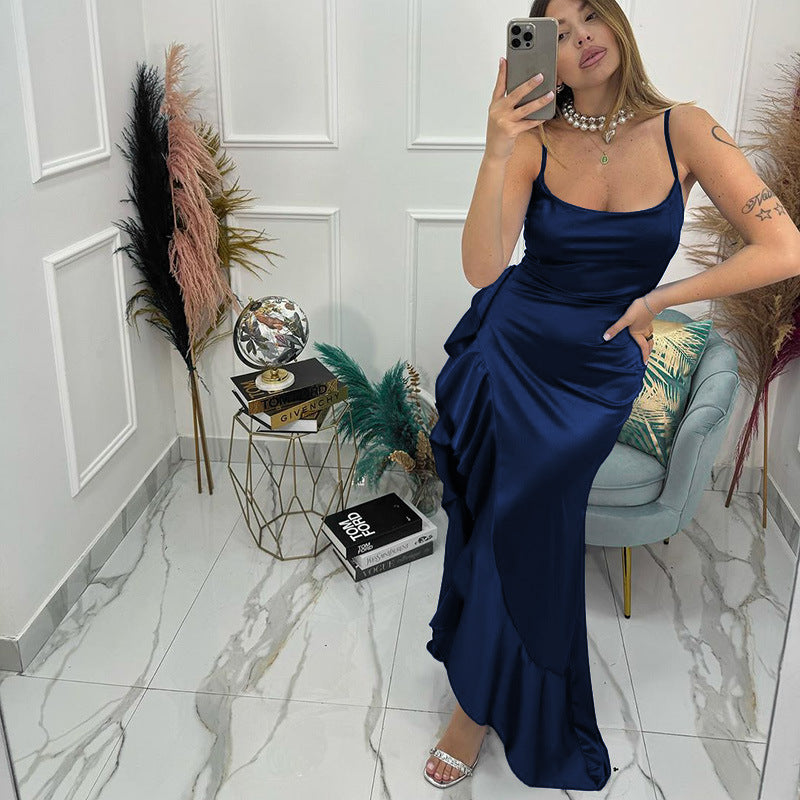 Damen elegantes Maxikleid mit asymmetrischem Rüschensaum und taillierter Silhouette R&B