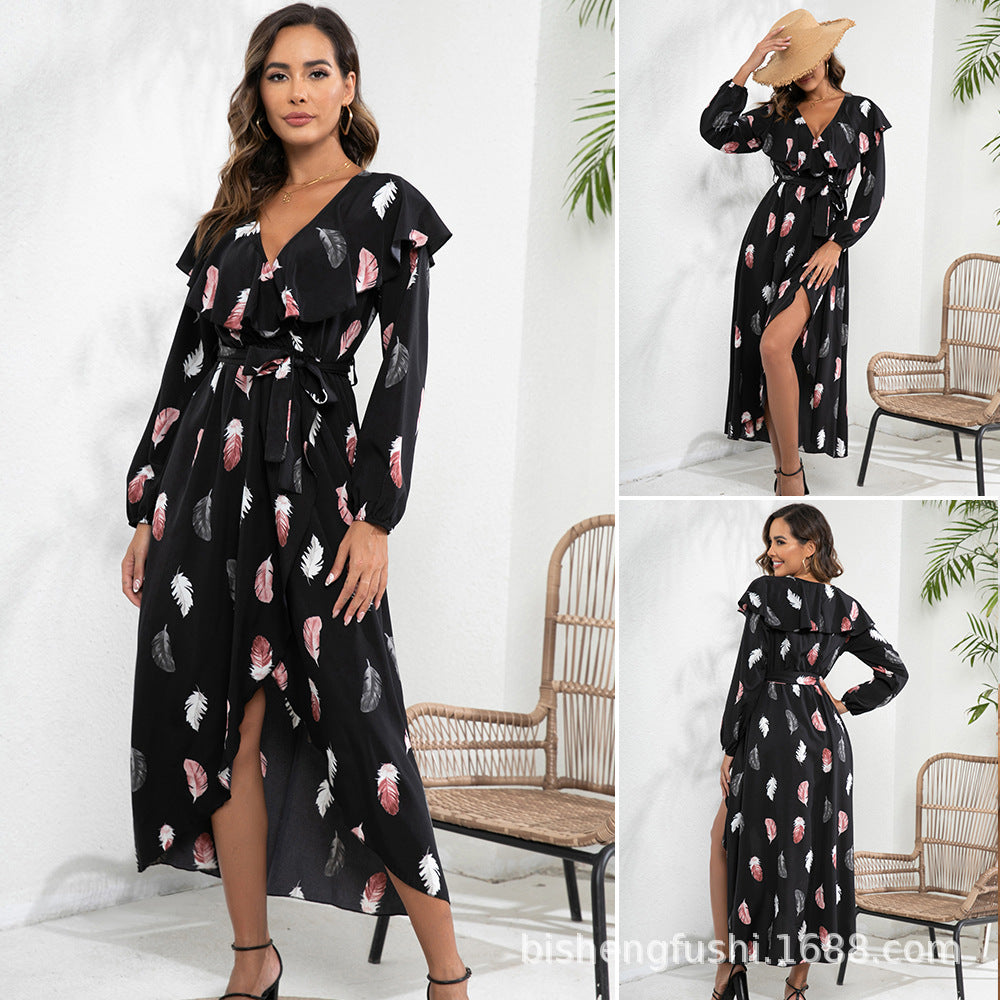 Damen Maxi-Kleid mit Rüschendetails und schickem Bindegürtel R&B
