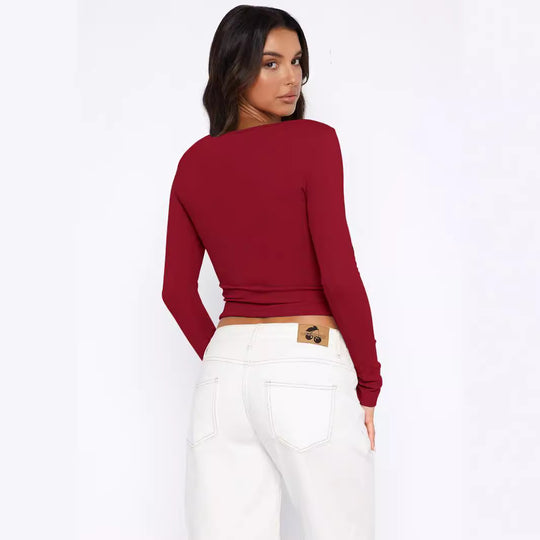 Damen figurbetontes Langarmshirt mit Knopfleiste R&B