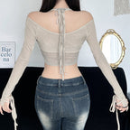 Damen Crop-Top mit raffinierten Rüschendetails und langärmligem Design R&B
