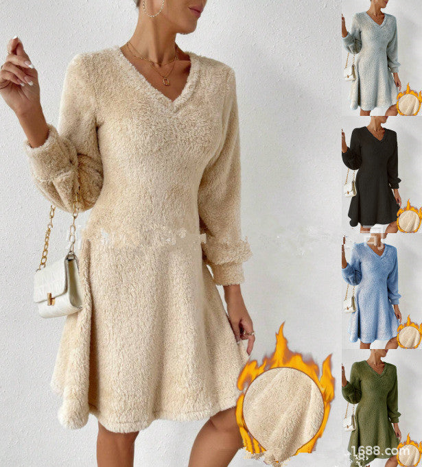 Damen fließendes V-Ausschnitt Kleid mit langen Ärmeln und weichem Fleece R&B