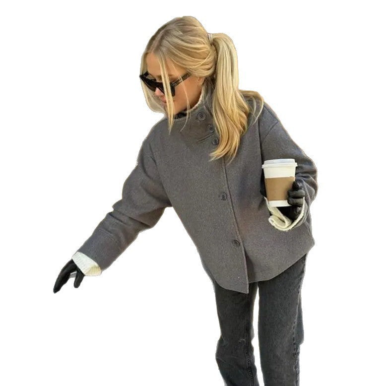 Damen modische Kurzjacke mit hohem Kragen und Knopfverschluss R&B