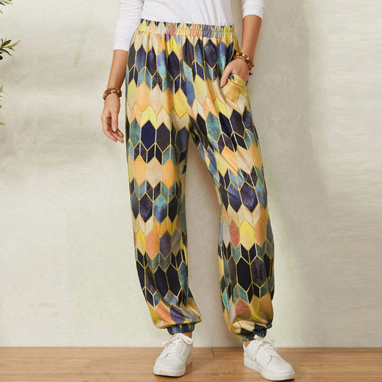 Damen Freizeithose mit modernem geometrischem Muster und elastischem Bund R&B