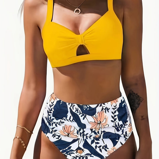 Damen Bikini-Set mit floralem Hochbund und modischem Knoten R&B