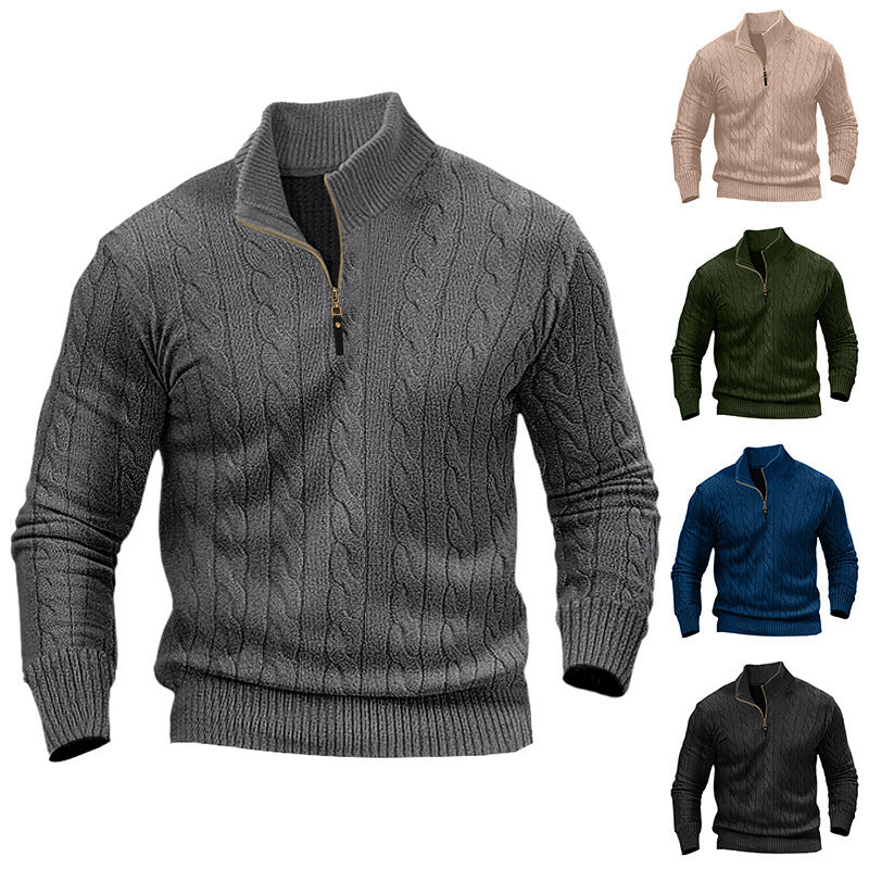 Herren stylischer Strickpullover mit halb offenem Kragen und Zopfmuster R&B