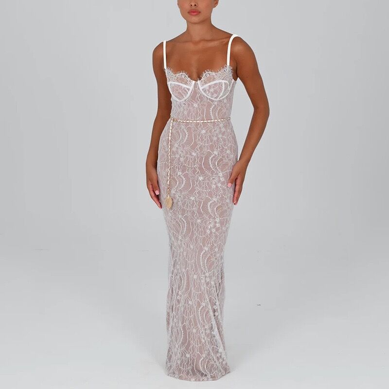 Damen Elegantes Spitzenmaxikleid mit tiefem Ausschnitt und enganliegender Silhouette R&B