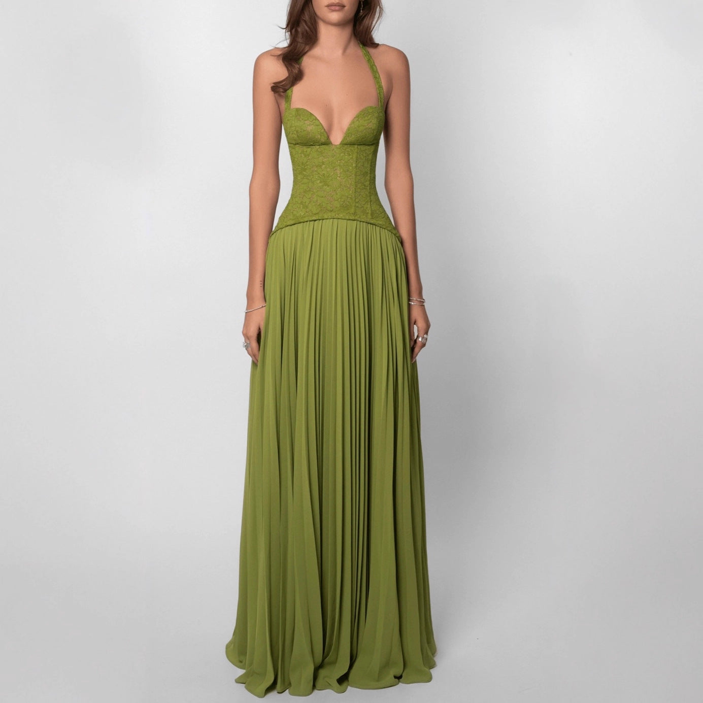 Damen nan Neckholder-Korsettkleid mit Spitzen-Corsage und fließendem Plisseerock R&B