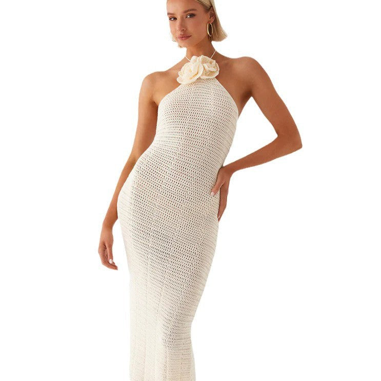 Damen Häkel-Maxikleid mit hohem Schlitzausschnitt