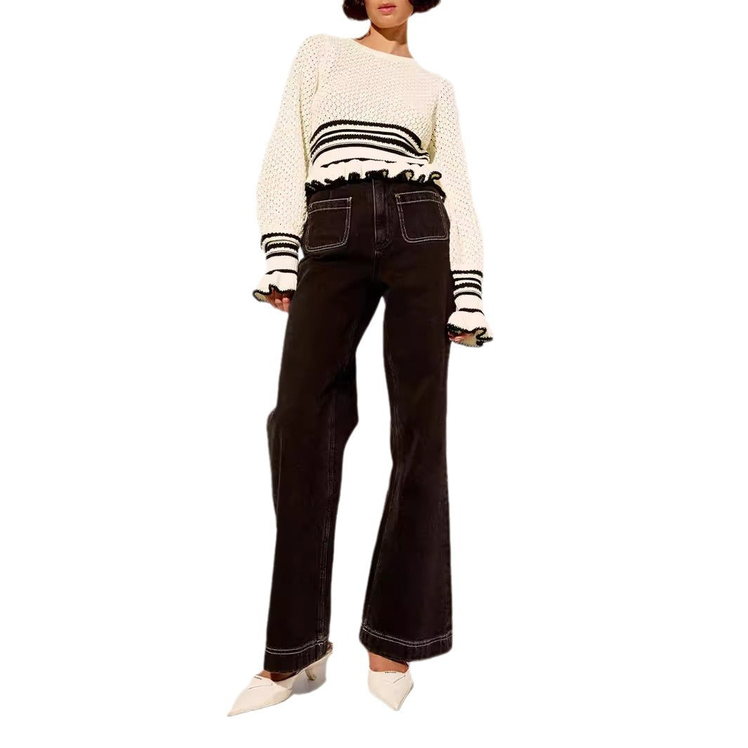 Damen lässiger Strickpullover mit Rüschendetails R&B