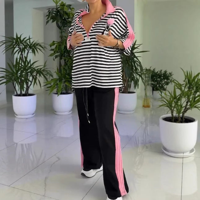 Damen Übergroßes Poloshirt mit gestreiftem Design und modischen Akzenten Heidi-Mode