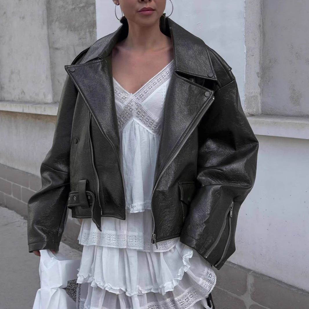 Damen Oversized Kunstlederjacke mit asymmetrischem Reißverschluss R&B