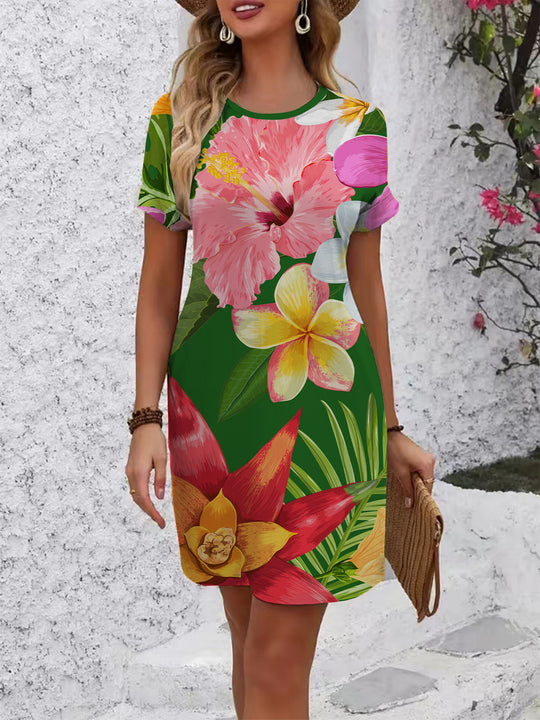 Damen lässiges T-Shirt Kleid mit buntem Blumenmuster und bequemem Schnitt R&B