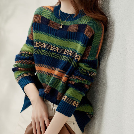 Damen Gemusterter Strickpullover mit Rundhalsausschnitt und weich-flauschiger Textur R&B