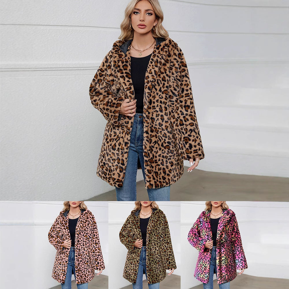 Damen Flauschige Jacke mit modernem Leopardenmuster und bequemen Taschen R&B