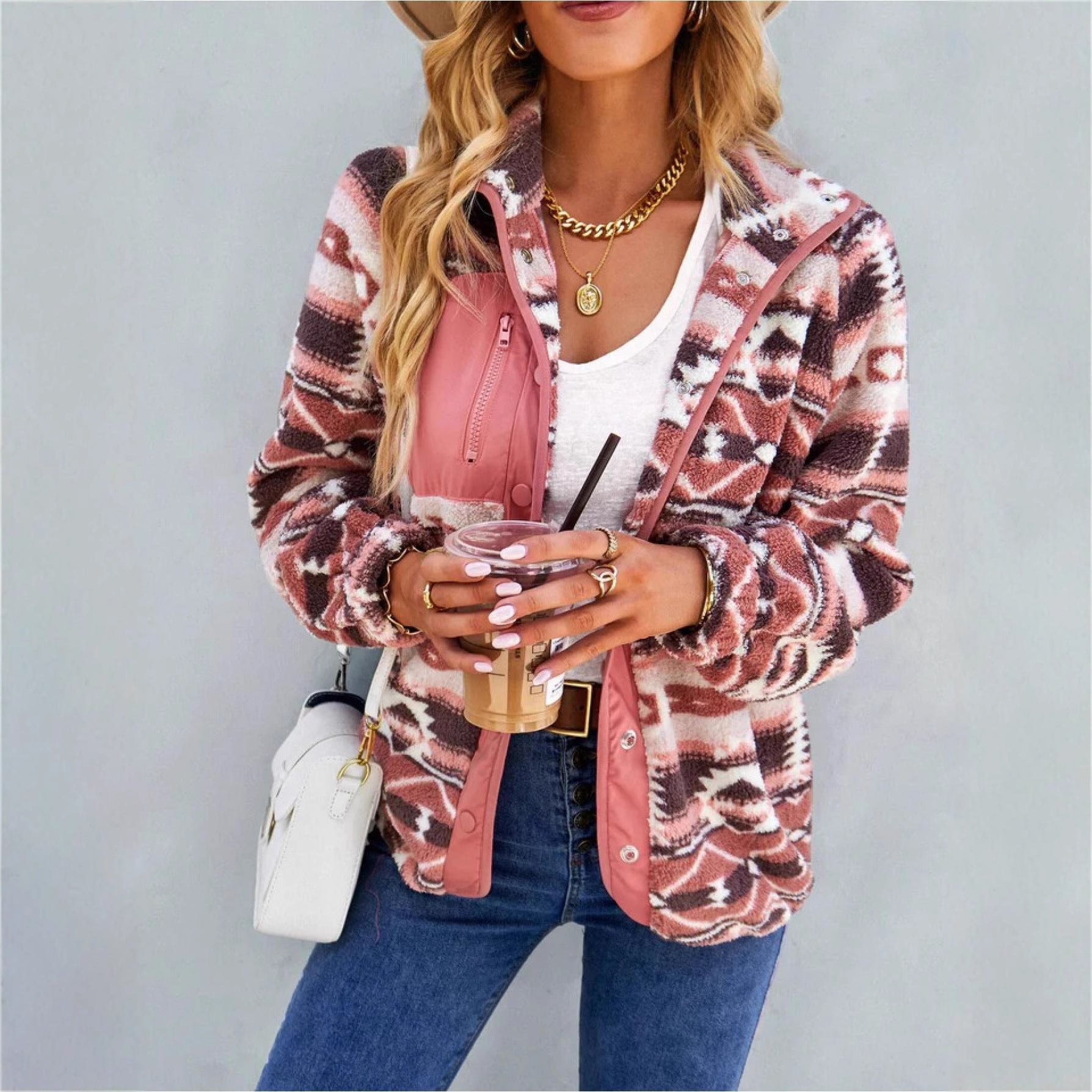 Damen Gemusterte Plüschjacke mit hohem Kragen und Druckknopfverschluss R&B