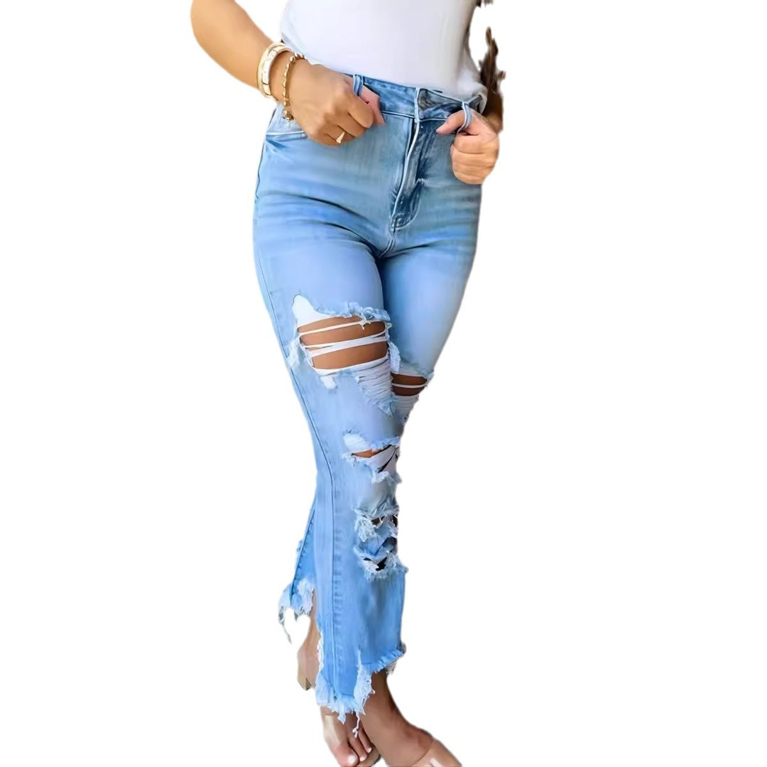 Damen Flared Jeans mit modischen Destroyed-Details und hoch geschnittenem Bund R&B
