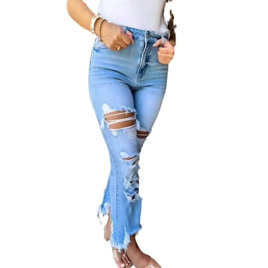 Damen Flared Jeans mit modischen Destroyed-Details und hoch geschnittenem Bund R&B