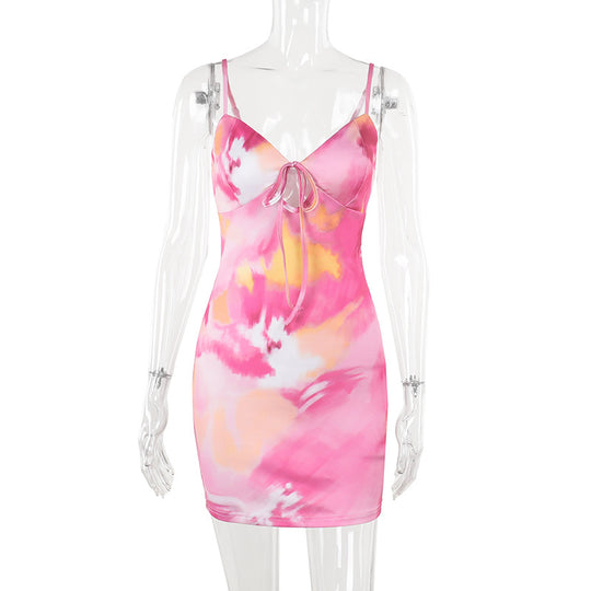 Damen figurbetontes Sommerkleid mit trägerlosem Design und verführerischem Krawattenverschluss R&B