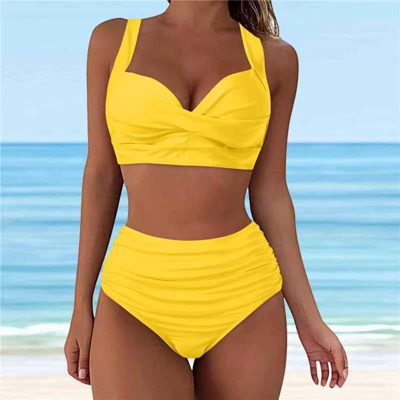 Damen Hochtaillierter Karobikini mit gerafftem Oberteil R&B