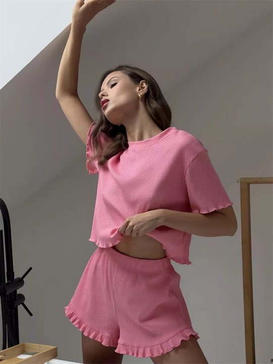 Damen cropped Lounge-Set mit Rippstruktur und fransigen Details R&B
