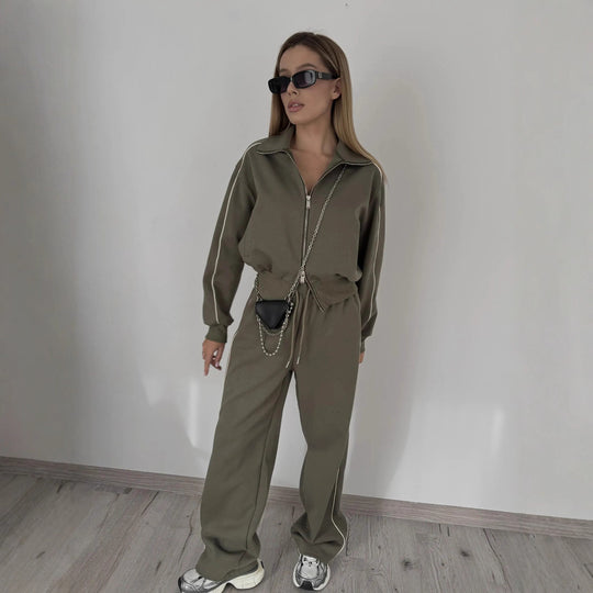 Damen sportliches Fleece-Set mit praktischen Reißverschlusstaschen und elegantem Schnitt R&B